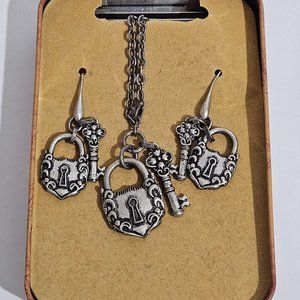 Lock and Key Necklace and Earring Set